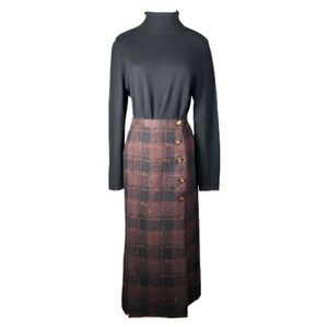 Vintage Wool Tweed Wrap Button Front Midi Skirt Dark Academia Windowpane Plaid